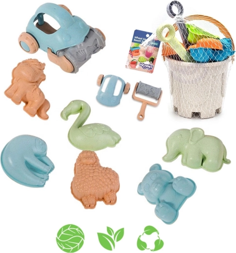 Woopie Green Sandspiel-Set mit Eimer und Auto, 10 Teile, biologisch abbaubares Material