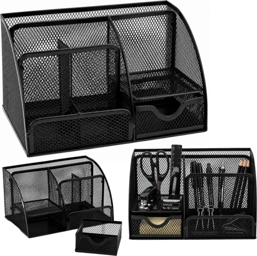 Metallischer Schreibtisch-Organizer aus Metallgitter mit Schublade, schwarz