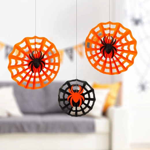 Halloween-Papierdekoration Spinnennetz mit Spinne 30/40 cm – 3 Stück