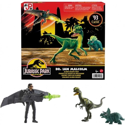 Jurassic World – Figurenset Ian Malcolm mit Dinosaurier-Gefährten und Gleiter