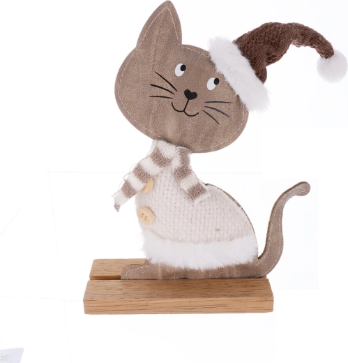 Weihnachtsdekoration Katze aus Holz und Kunstfell