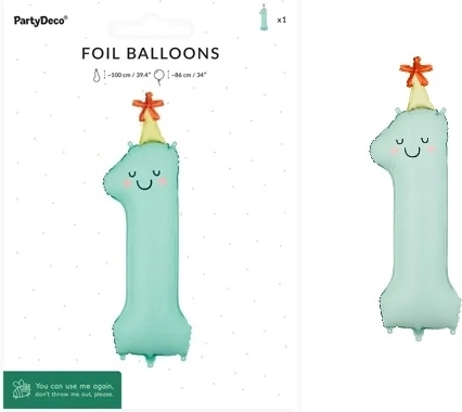 Folienballon Zahl 1 mintfarben matt mit Gesicht 86 cm