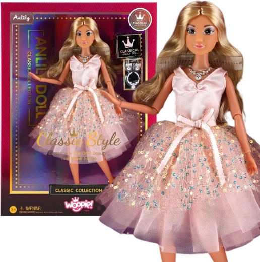 Puppe Lily 30 cm mit langen blonden Haaren im rosa Kleid und Schmuck