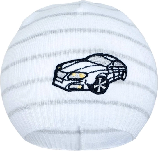 Frühlings-Strickmütze New Baby mit Auto weiß/hellgrau