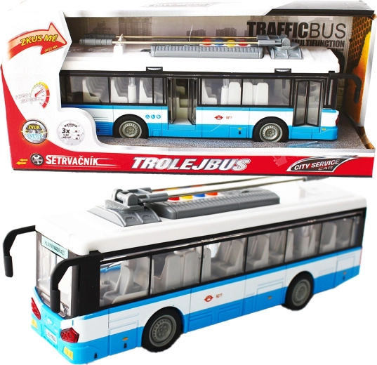 Städtischer Trolleybus mit Schwungrad, Licht und Sound – blau