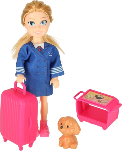 Stewardess, Koffer und kleiner Hund im Lieferumfang