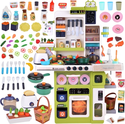 Große interaktive Kinderküche mit Lichtern, Geräuschen, Dampf und fließendem Wasser, 101-teiliges Set