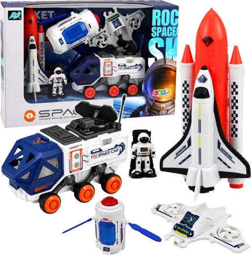 Weltraum-Set mit Rakete, Space Shuttle, Satellit, Drohne, Astronaut und Fahrzeug