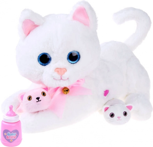 Interaktive Plüschkatze mit Kätzchen und Fläschchen – Weiß
