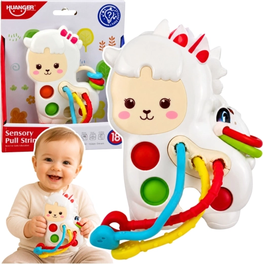 Sensorikspielzeug für Babys – Lama mit Zugbändern und Pop-it-Tasten