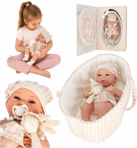 Beige Babypuppe 38 cm mit Tragekörbchen, Schnuller und Plüschhäschen