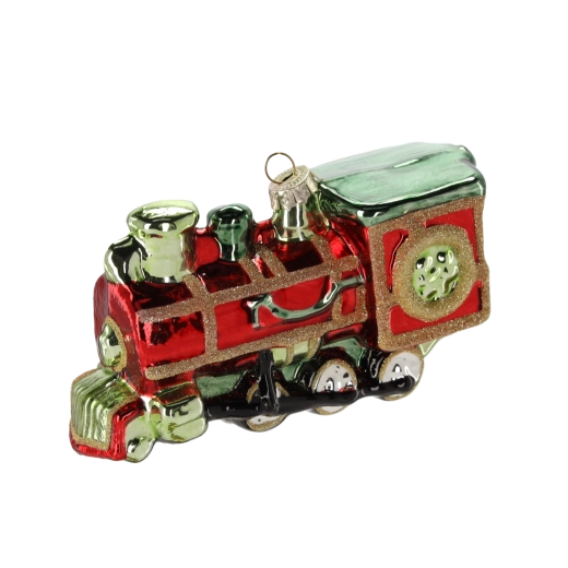 Glas-Weihnachtsornament Lokomotive in Rot, Grün und Gold