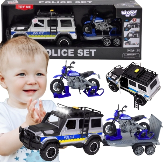 Woopie Polizei-Geländewagen mit Anhänger und Motorrad