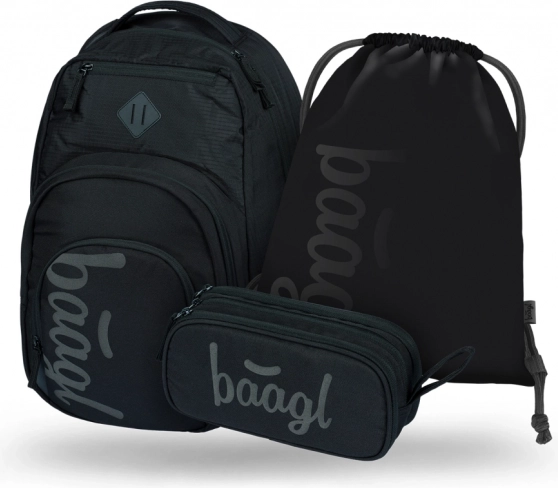 Baagl Set mit drei schwarzen Produkten: Rucksack, Federmäppchen und Beutel