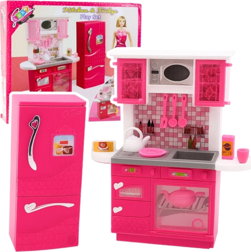 Rosa Küche mit Kühlschrank für Puppen 29 cm