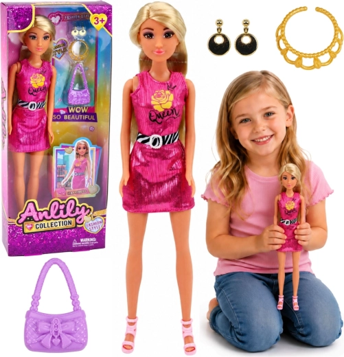 Anlily Modepuppe in rosa Kleidern mit Handtasche und Schmuck 30 cm
