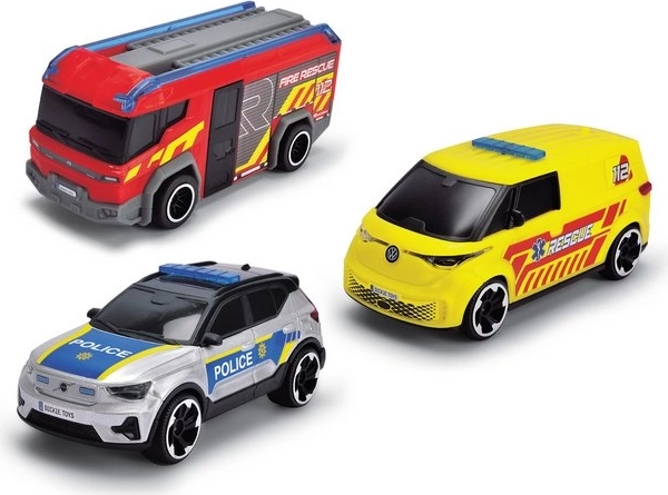 Rettungsset Dickie SOS 3er-Pack – Feuerwehr-, Polizei- und Rettungsfahrzeug 1:36