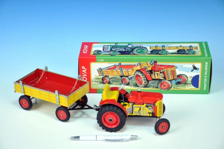 KOVAP Metalltraktor Zetor mit Anhänger zum Aufziehen 28 cm – Rot
