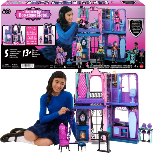 Monster High Boo-tique Hotel – gruseliges, klappbares Hotel-Spielhaus mit Möbeln und Zubehör