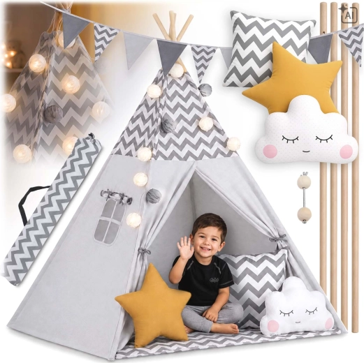 Kinder-Tipi-Zelt mit Lichterkette Nukido, grau