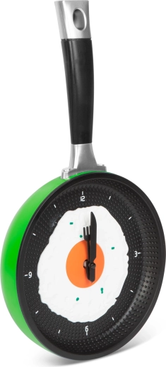 Wanduhr in Form einer Pfanne mit Spiegelei, grün