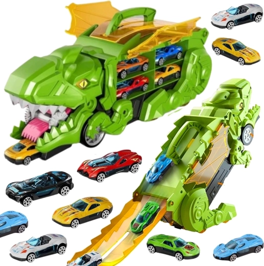 Woopie Dinosaurier-Auto­fresser mit Rennstrecke und Autos, 13 Teile