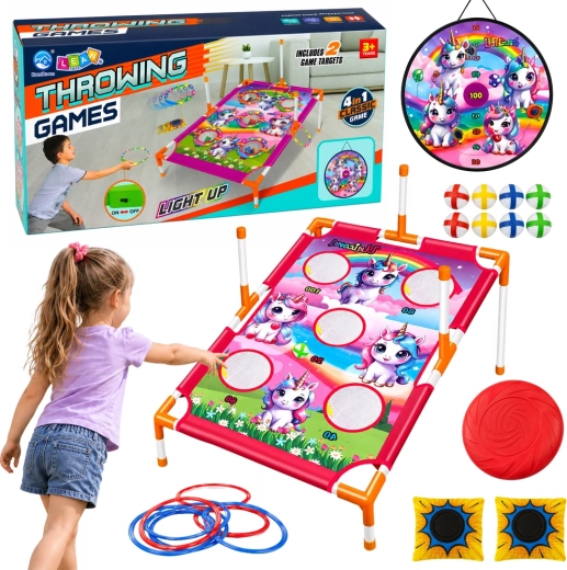 4-in-1 Kinder-Zielwurfspiel mit Einhörnern – Zielscheibe, Punktetafel, Ringe und Frisbee