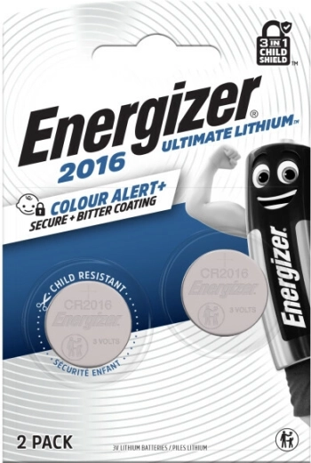 Energizer Ultimate Lithium Knopfzellen CR2016, 2 Stk. mit Color-Alert-Technologie