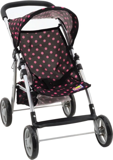 Puppenbuggy (Golfschirmbuggy) schwarz mit rosa Punkten und Korb – 1 Stück