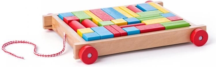 Holzwagen mit bunten Bauklötzen zum Ziehen