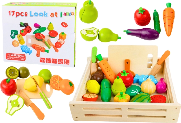 Holz-Set aus Obst und Gemüse in einer Kiste – Magnet-Schneideset für die Kinderküche