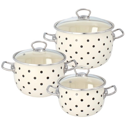 Set aus 3 emaillierten Kochtöpfen mit Deckeln, weiße Punkte, 2,5 l, 3,5 l, 5 l