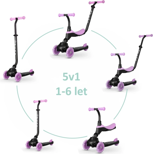 Qplay Sema Evo Kinderroller und Laufrad mit LED-Lichtern Violet 3-in-1