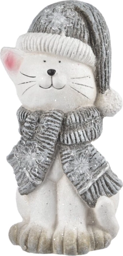 Keramische Weihnachtsdekoration Katze mit LED-Licht, weiß, 40 cm