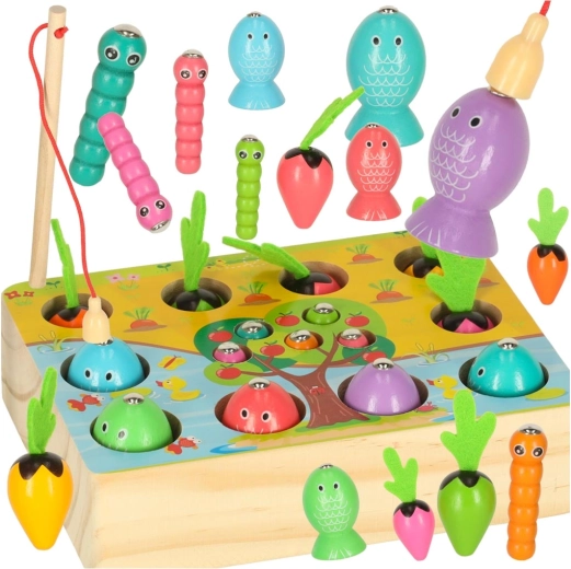 Holz-Montessori-Spiel: Magnetisches Angeln, Würmchen und Karottenernte