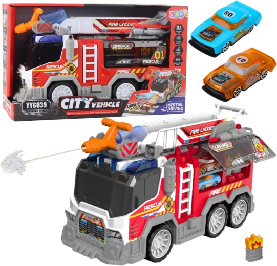 Feuerwehrauto mit Lichtern, Geräuschen und funktionierender Wasserkanone
