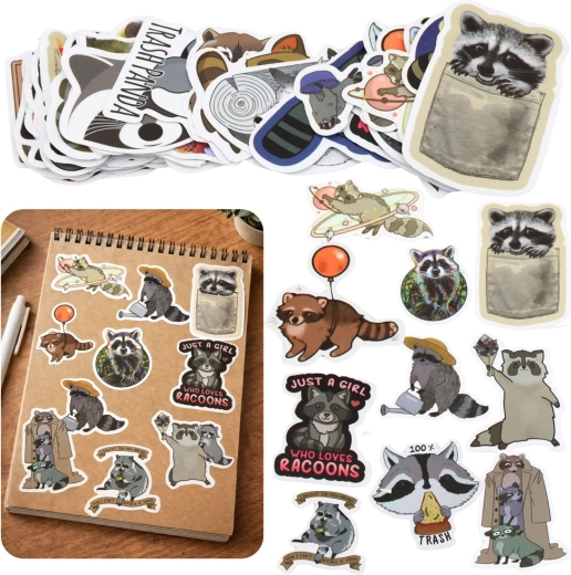 Sticker-Set mit Waschbär, verschiedene Motive, 50 Stk., 7–8 cm
