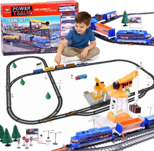 Elektrische Güter-Eisenbahn Power Train World Cargo mit Station und Kran, 670 cm, 59 Teile