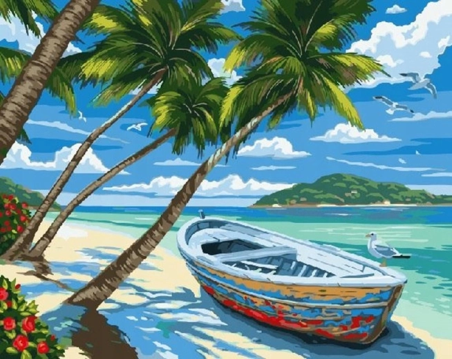 Diamant-Malerei – Strand mit Palmen und Boot 30 × 40 cm