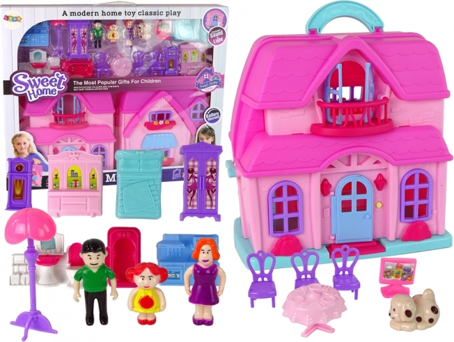 Rosa Puppenhaus mit Möbeln und Figuren