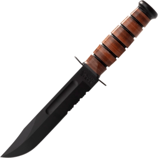 Taktisches Messer KA-BAR USMC mit teilweise gezahnter Schneide, Ledergriff und Scheide