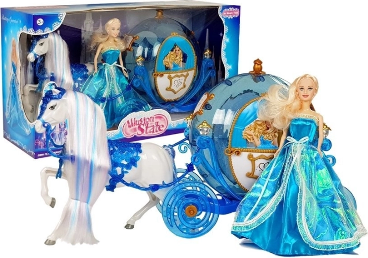 Puppe mit Kutsche und Pferd zum Kämmen – blaues Set