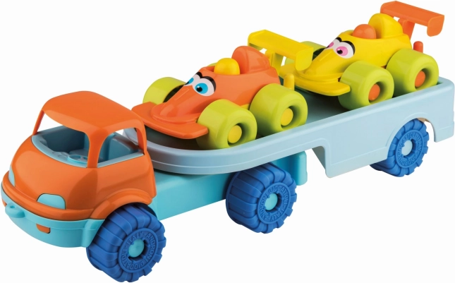 Fröhliche Autos auf einem Anhänger - Rennwagen
