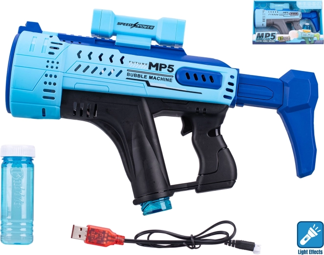 Seifenblasenpistole MP5 blau mit Lichteffekt 44 cm