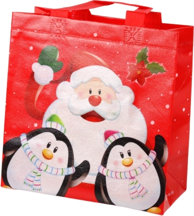 Weihnachtliche Geschenktasche mit Nikolaus- und Pinguinmotiv, rot, 22 × 22 × 11 cm