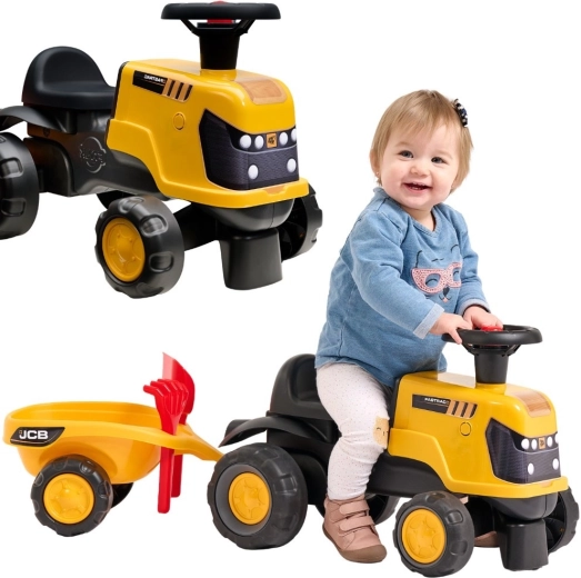 Rutschfahrzeug Traktor JCB Fastrac mit Anhänger, Schaufel und Rechen