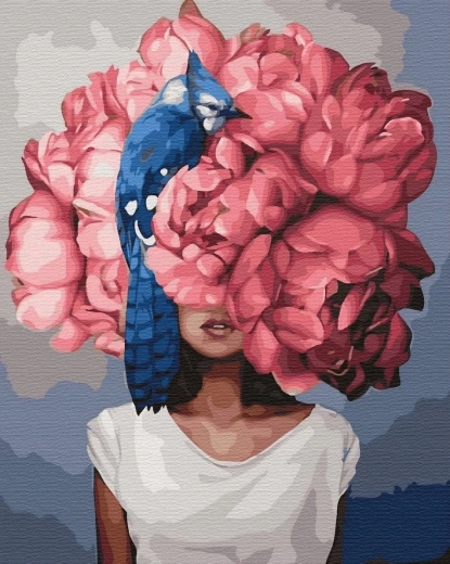 Diamantmalerei – Frau mit Blumenhaupt und blauem Vogel 30 × 40 cm