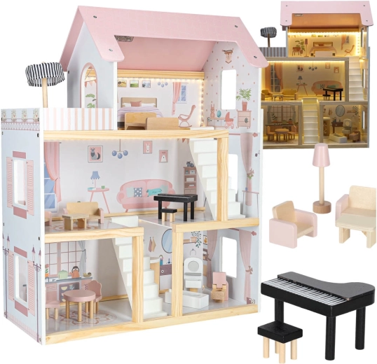 Holz-Puppenhaus mit Möbeln und LED-Beleuchtung 78 cm rosa