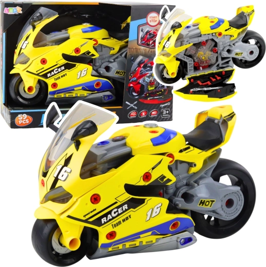 Interaktives 2-in-1-Motorrad mit Werkbank zum Zerlegen, Lichter, Sounds und Raucheffekt – gelb 43 cm