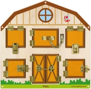 Holz-Schloss-Spiel für Kinder – Fenster mit Tiermotiven öffnen